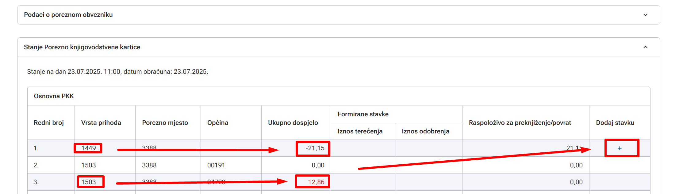 Odabir dostupnoh konta za preknjizenje na ePoreznoj